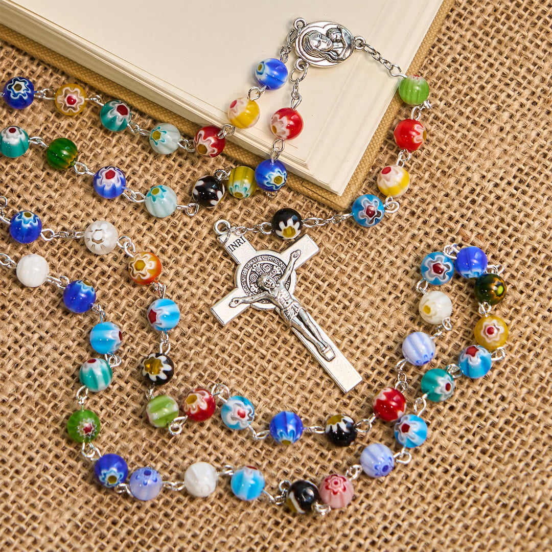 Christianartworkshop Rosenkranz aus Murano-Perlen mit buntem, lebendigem Blumenmuster und Madonna und Kind - image 5