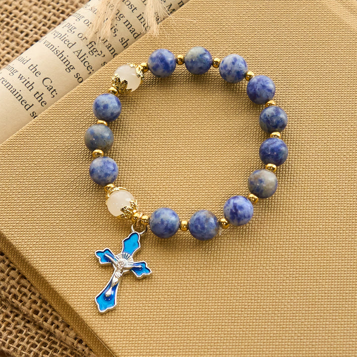Christianartworkshop Armband mit blauem strukturiertem Stein und blauem Emaille-Kruzifix - Blaues Steinarmband - image 0