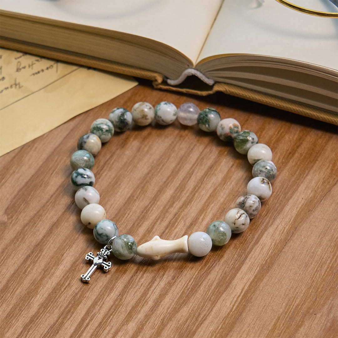Christianartworkshop Waves of Grace Hai-Schutzkreuz-Armband mit natürlichen Vulkanachat-Steinen - Grün - image 5