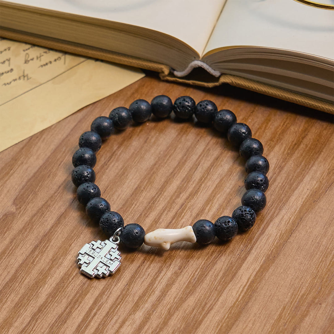 Christianartworkshop Waves of Grace Hai-Schutzkreuz-Armband mit natürlichen Vulkanachat-Steinen - Schwarz - image 17
