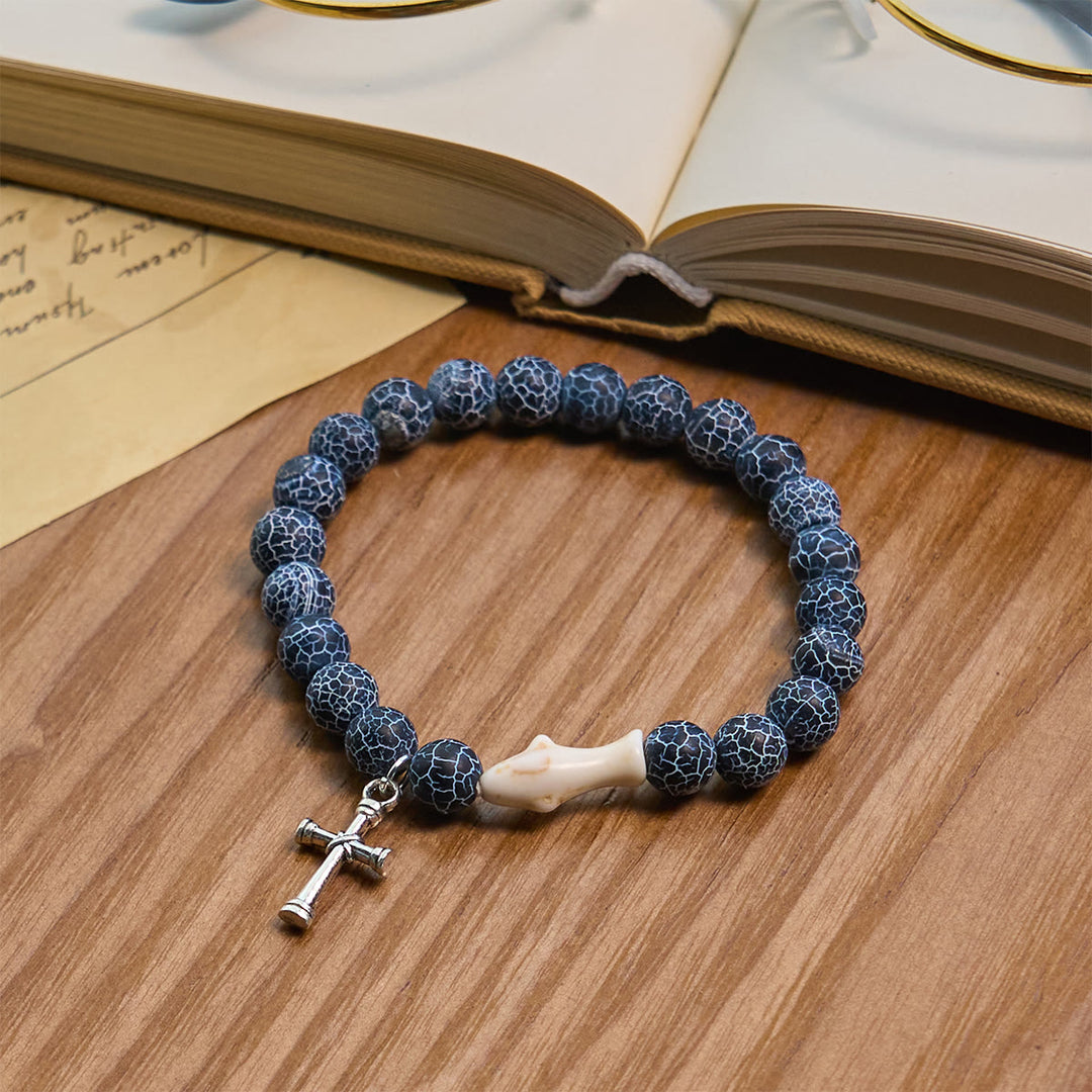 Christianartworkshop Waves of Grace Hai-Schutzkreuz-Armband mit natürlichen Vulkanachat-Steinen - Dunkelblau - image 9