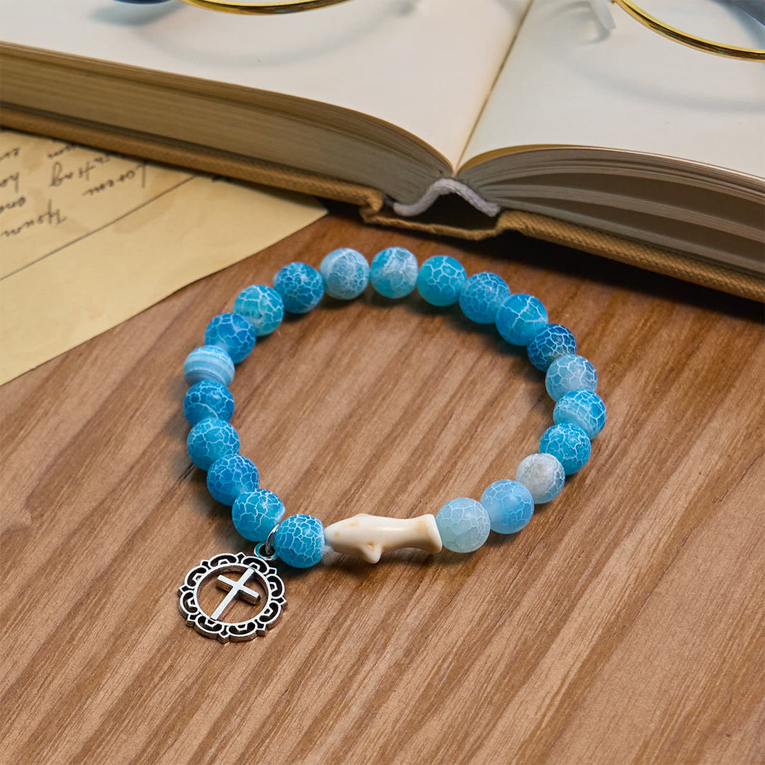Christianartworkshop Waves of Grace Hai-Schutzkreuz-Armband mit natürlichen Vulkanachat-Steinen - Himmelblau - image 1