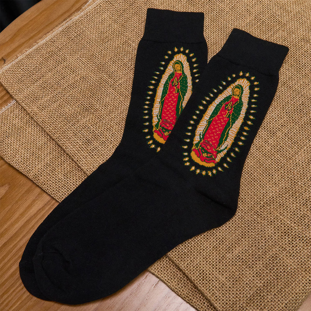 Christianartworkshop Schwarze religiöse Unisex-Crew-Socken mit der Jungfrau von Guadalupe: Retro-Design, exklusives Glaubensflair - image 1