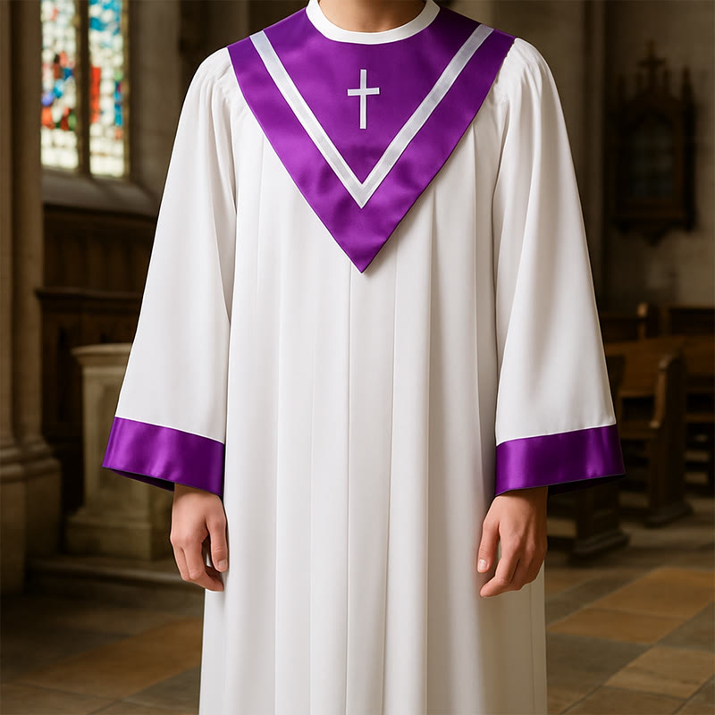 Christianartworkshop Klassische weiße Priesterrobe mit kontrastierendem V-Ausschnitt und Kreuzdetails - Lila - 3XL - image 0