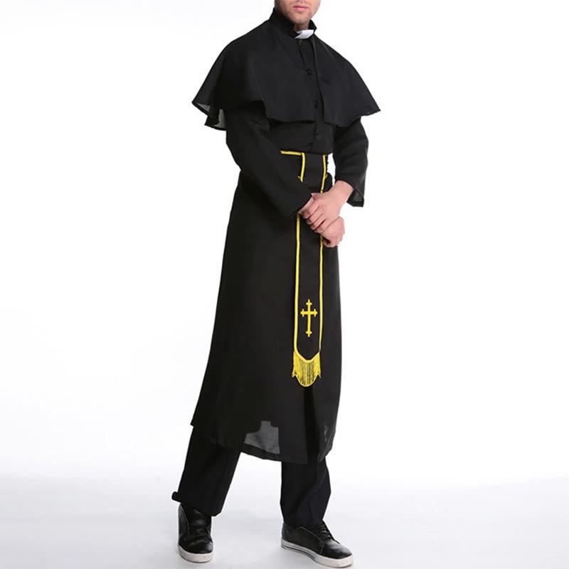 Christianartworkshop Schwarze Geistliche Robe im mittelalterlichen Stil mit Gürtel mit Kreuzquaste und Schalkragen - image 6