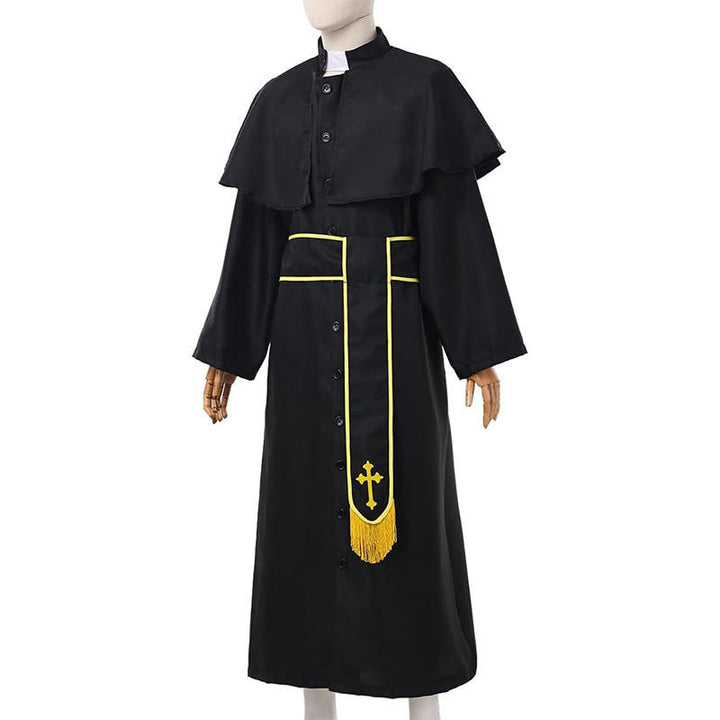 Christianartworkshop Schwarze Geistliche Robe im mittelalterlichen Stil mit Gürtel mit Kreuzquaste und Schalkragen - image 10