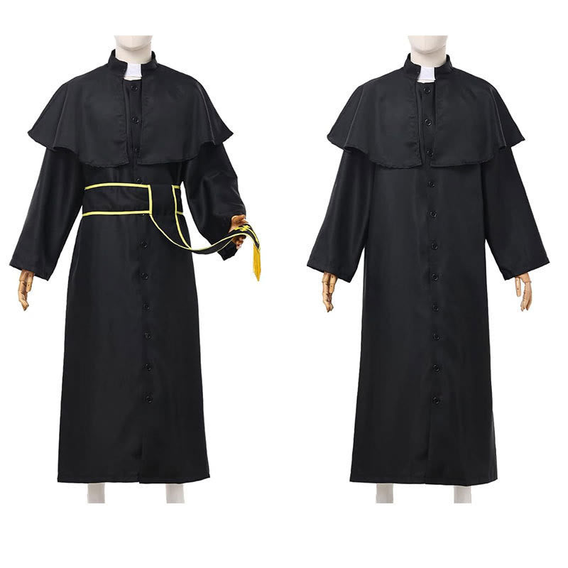 Christianartworkshop Schwarze Geistliche Robe im mittelalterlichen Stil mit Gürtel mit Kreuzquaste und Schalkragen - image 2