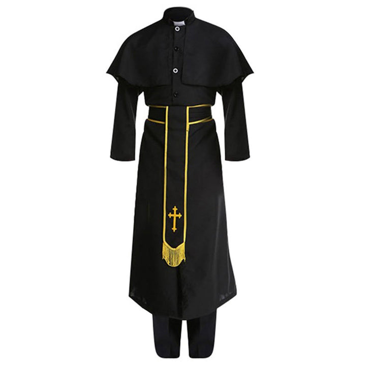 Christianartworkshop Schwarze Geistliche Robe im mittelalterlichen Stil mit Gürtel mit Kreuzquaste und Schalkragen - image 7