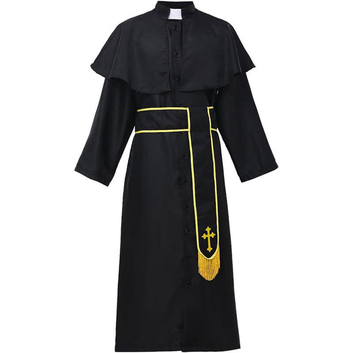 Christianartworkshop Schwarze Geistliche Robe im mittelalterlichen Stil mit Gürtel mit Kreuzquaste und Schalkragen - image 8