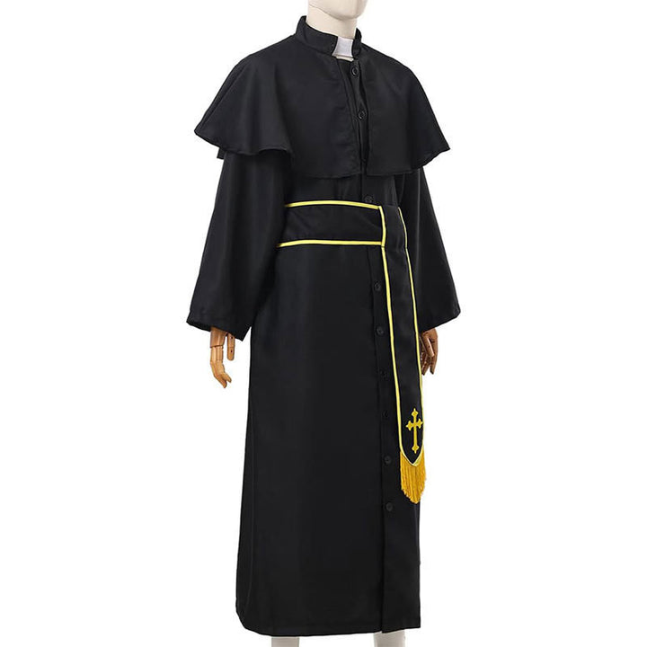 Christianartworkshop Schwarze Geistliche Robe im mittelalterlichen Stil mit Gürtel mit Kreuzquaste und Schalkragen - image 9