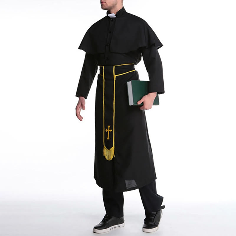 Christianartworkshop Schwarze Geistliche Robe im mittelalterlichen Stil mit Gürtel mit Kreuzquaste und Schalkragen - image 5