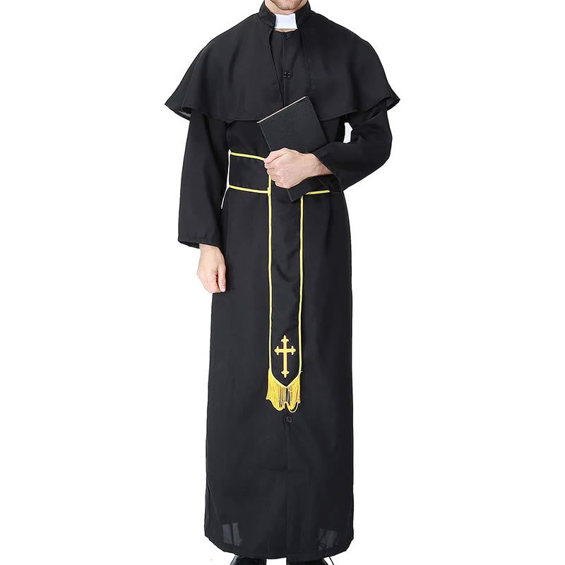 Christianartworkshop Schwarze Geistliche Robe im mittelalterlichen Stil mit Gürtel mit Kreuzquaste und Schalkragen - image 4