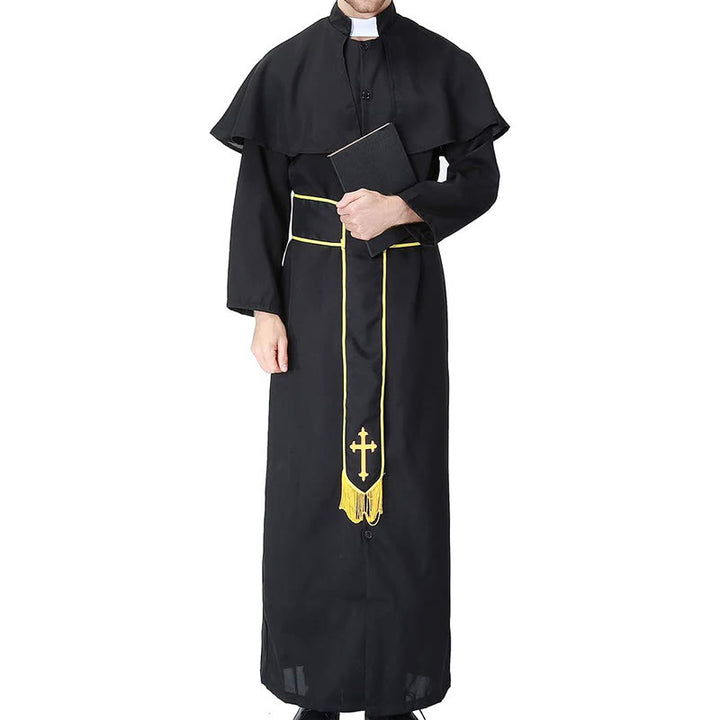 Christianartworkshop Schwarze Geistliche Robe im mittelalterlichen Stil mit Gürtel mit Kreuzquaste und Schalkragen - image 4