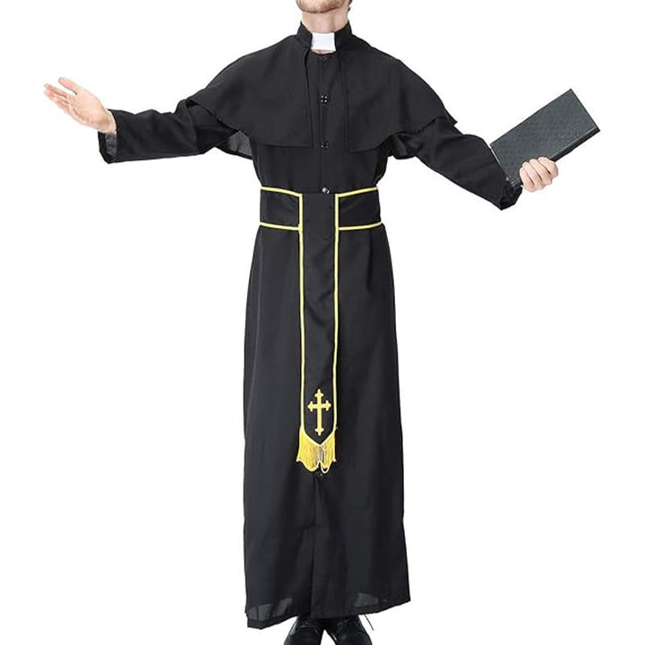 Christianartworkshop Schwarze Geistliche Robe im mittelalterlichen Stil mit Gürtel mit Kreuzquaste und Schalkragen - image 3