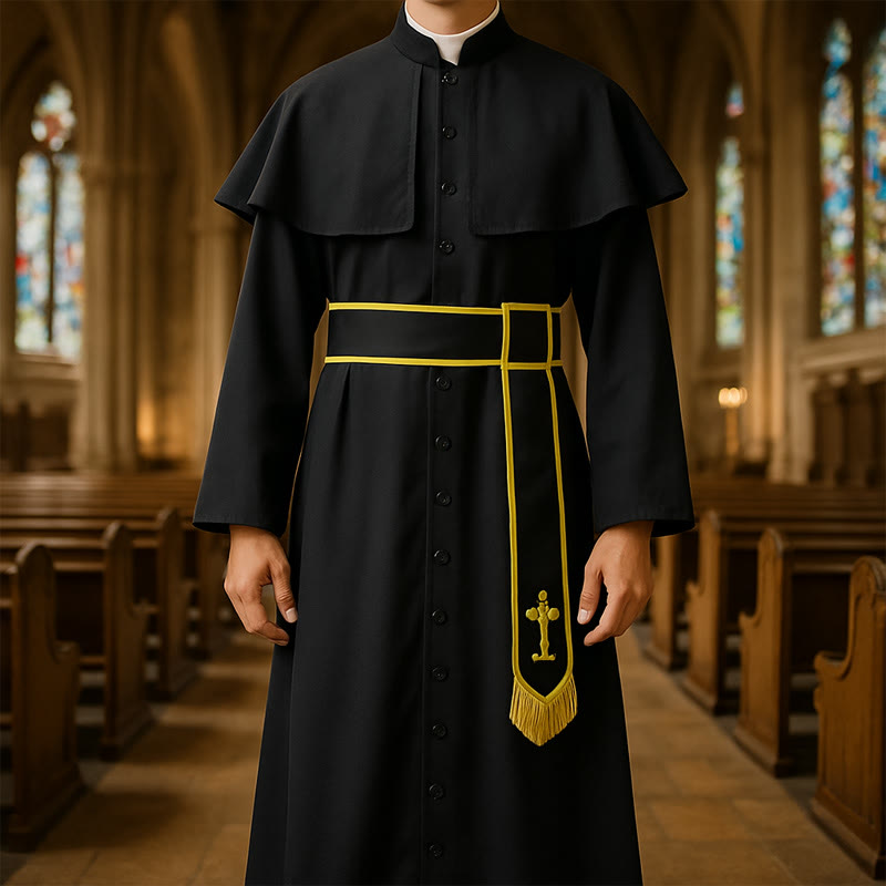 Christianartworkshop Schwarze Geistliche Robe im mittelalterlichen Stil mit Gürtel mit Kreuzquaste und Schalkragen - 2XL - image 0