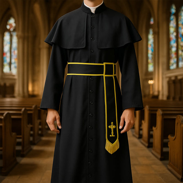 Christianartworkshop Schwarze Geistliche Robe im mittelalterlichen Stil mit Gürtel mit Kreuzquaste und Schalkragen - 2XL - image 0