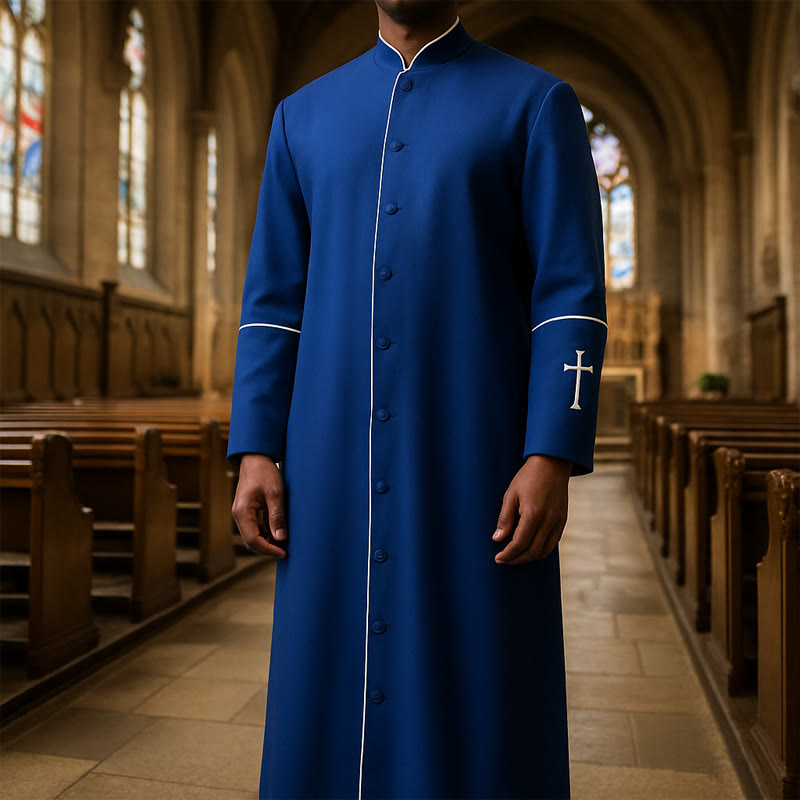 Christianartworkshop Mehrfarbige formelle Priesterrobe mit Stehkragen, weißem Kreuz und ritueller Würde - Blau - 3XL - image 0