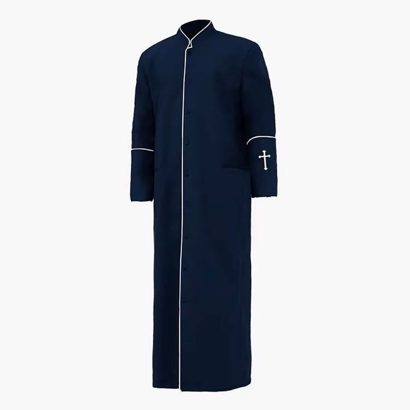 Christianartworkshop Mehrfarbige, formelle Priesterrobe mit Stehkragen, weißem Kreuz und ritueller Würde - Marineblau - 3XL - image 3