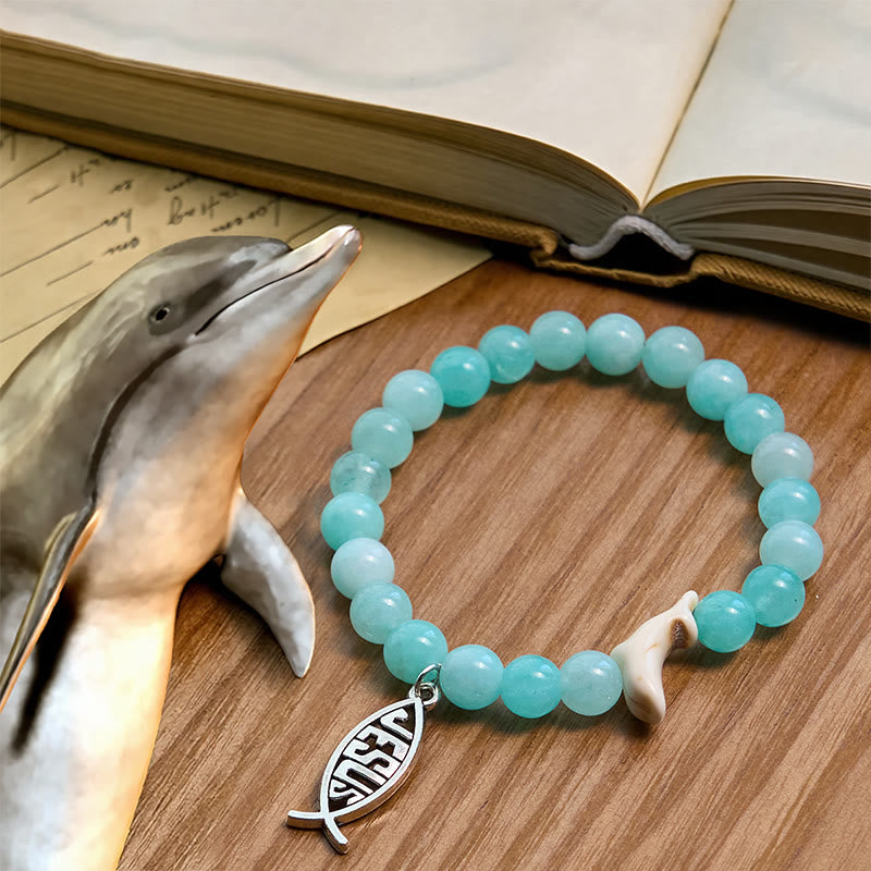 Christianartworkshop Ocean Grace Delfin-Segen mit natürlichem Malachit und Ichthys-Charm-Tierarmband - Hellblau - image 21