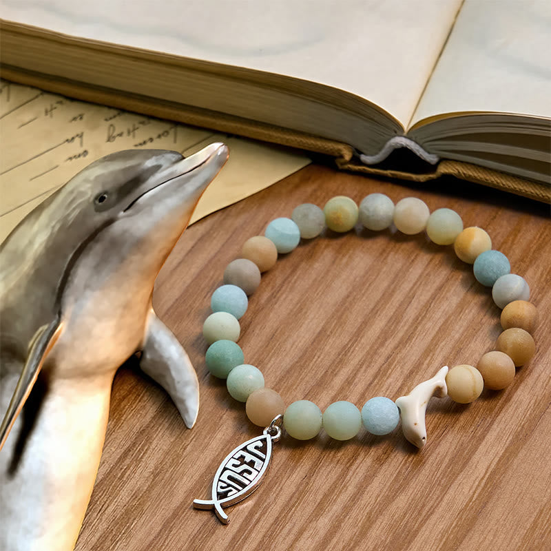 Christianartworkshop Ocean Grace Delfin-Segen mit natürlichem Malachit und Ichthys-Charm-Tierarmband - Hellgrün - image 0