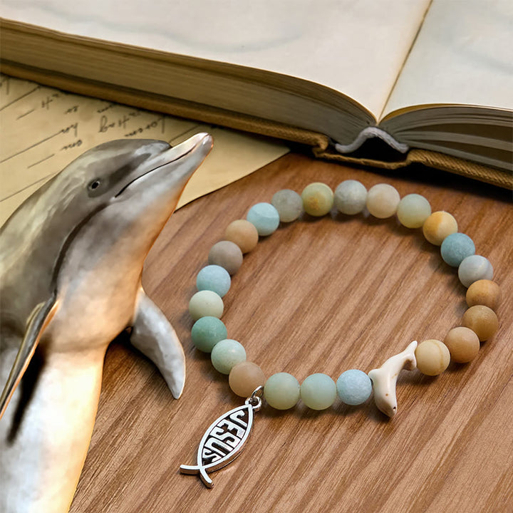 Christianartworkshop Ocean Grace Delfin-Segen mit natürlichem Malachit und Ichthys-Charm-Tierarmband - Hellgrün - image 0