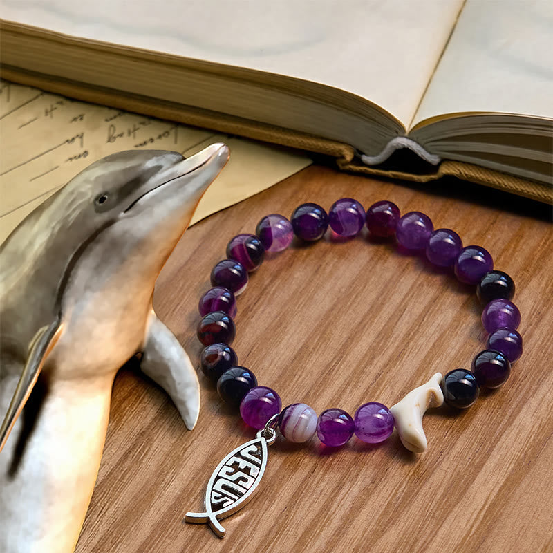 Christianartworkshop Ocean Grace Delfin-Segen mit natürlichem Malachit und Ichthys-Charm-Tierarmband - Lila - image 14