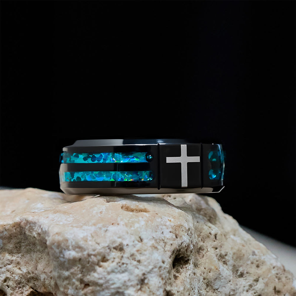 Christianartworkshop Moderner Kreuzring aus Titanstahl mit laserblauer Einlage: Gelassenheit im blauen Licht Christi - image 1