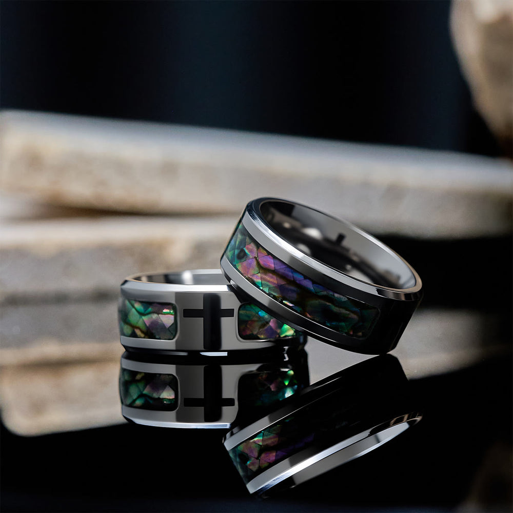 Christianartworkshop Minimalistischer Titan-Ring mit Glaubenskreuz und schimmernder Einlage aus Buntglas - image 1