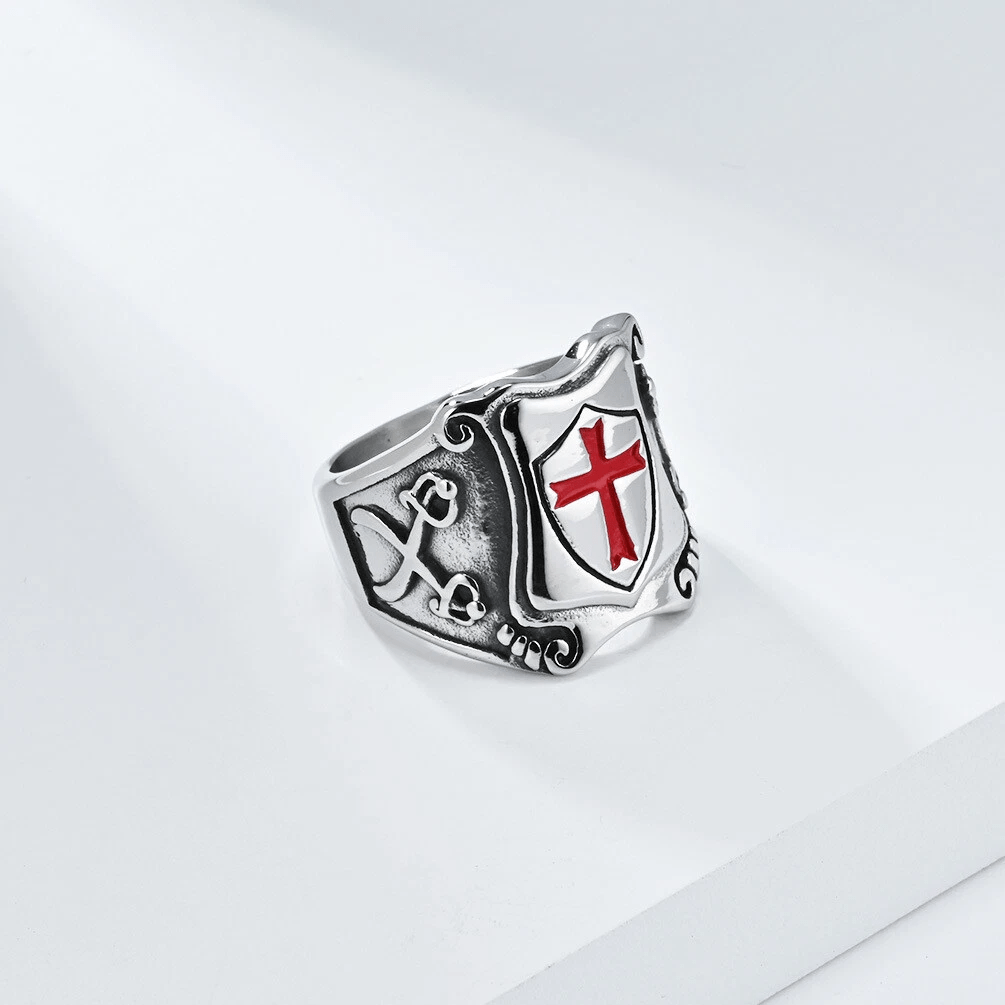 Christianartworkshop Mittelalterlicher Schildring mit rotem Kreuz, ritterlichem Design und gravierten Details - image 9
