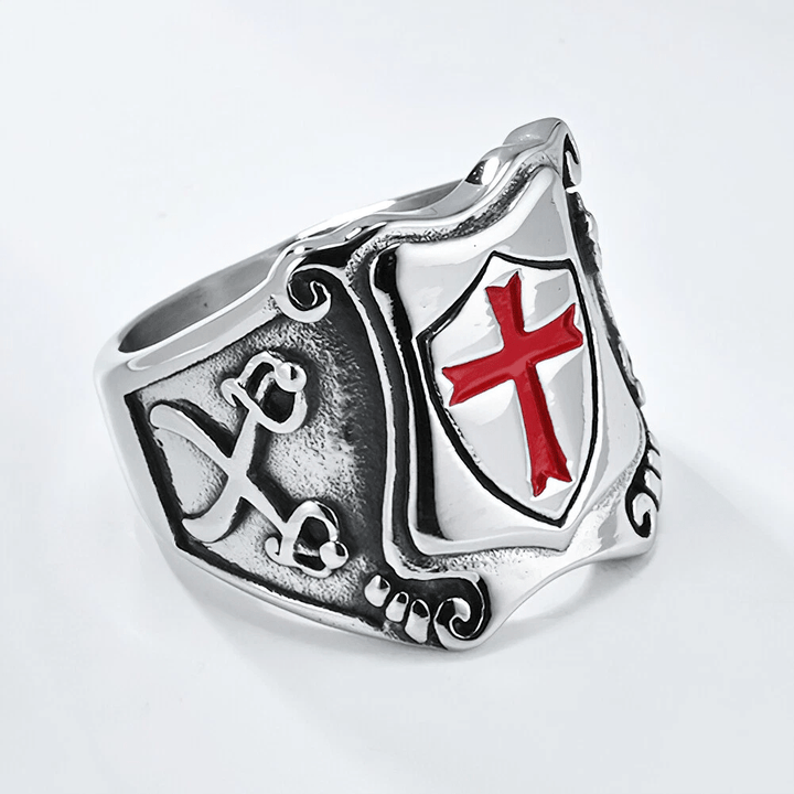 Christianartworkshop Mittelalterlicher Schildring mit rotem Kreuz, ritterlichem Design und gravierten Details - image 8