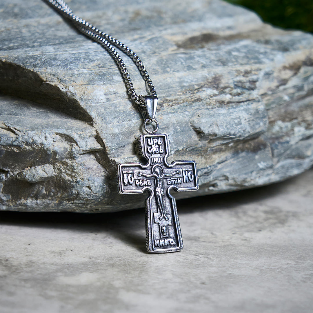 Christianartworkshop Halskette im Vintage-Stil aus Titanstahl mit heiligem orthodoxem Kreuz und religiöser Schrift - A - image 0