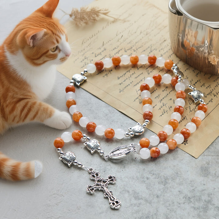 Christianartworkshop Armband mit orangefarbenem und weißem Quarz und Katzengesicht aus Edelstahl mit orangefarbenen Tabby-Anhängern, Tier-Rosenkranz - Orange Tabby Rosenkranz - image 0