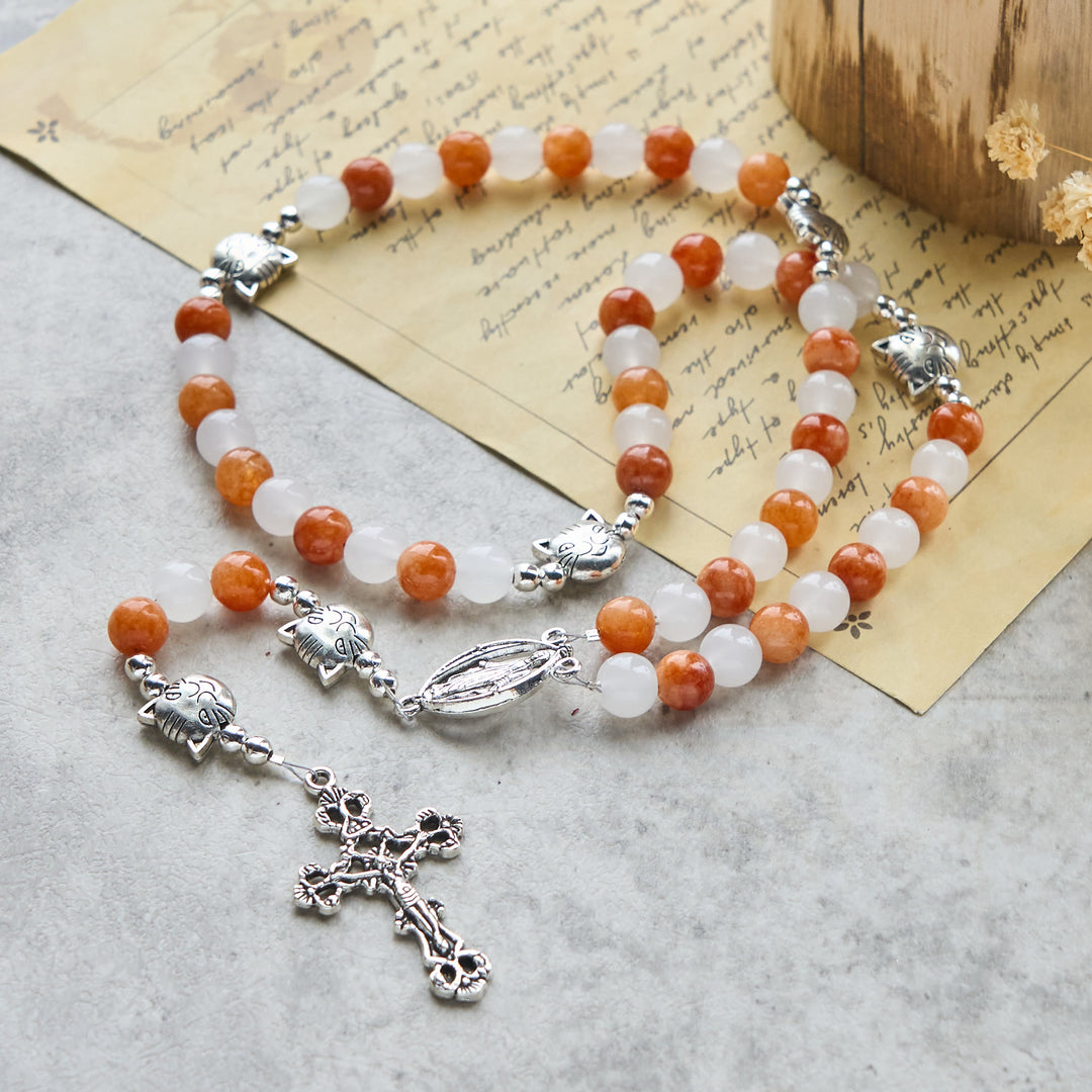 Christianartworkshop Armband mit orangefarbenem und weißem Quarz und Katzengesicht aus Edelstahl mit orangefarbenen Tabby-Anhängern, Tier-Rosenkranz - image 3