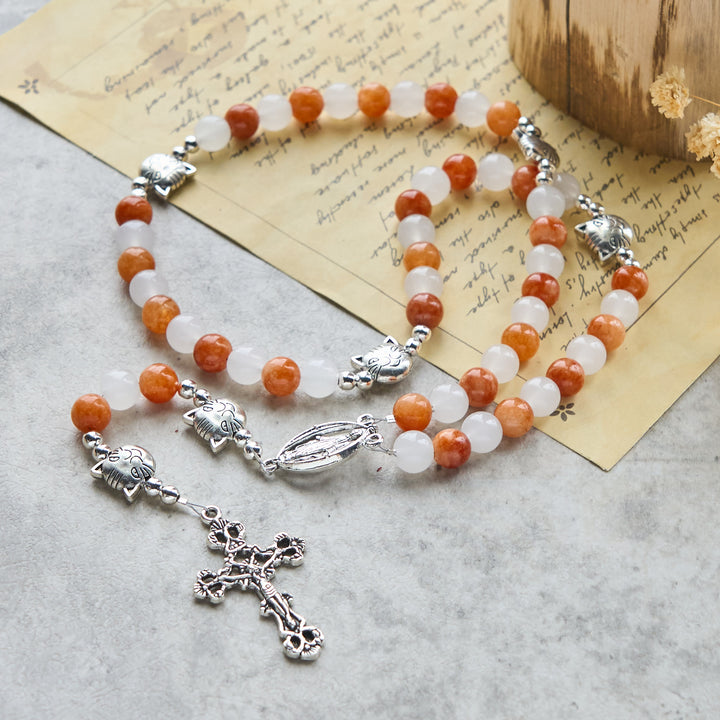 Christianartworkshop Armband mit orangefarbenem und weißem Quarz und Katzengesicht aus Edelstahl mit orangefarbenen Tabby-Anhängern, Tier-Rosenkranz - image 3