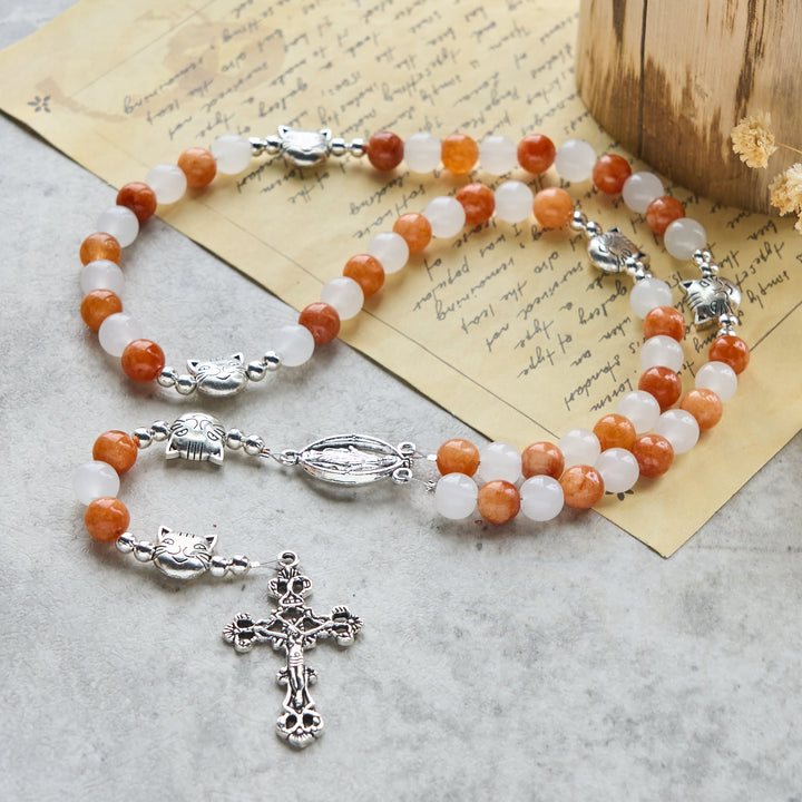 Christianartworkshop Armband mit orangefarbenem und weißem Quarz und Katzengesicht aus Edelstahl mit orangefarbenen Tabby-Anhängern, Tier-Rosenkranz - image 4
