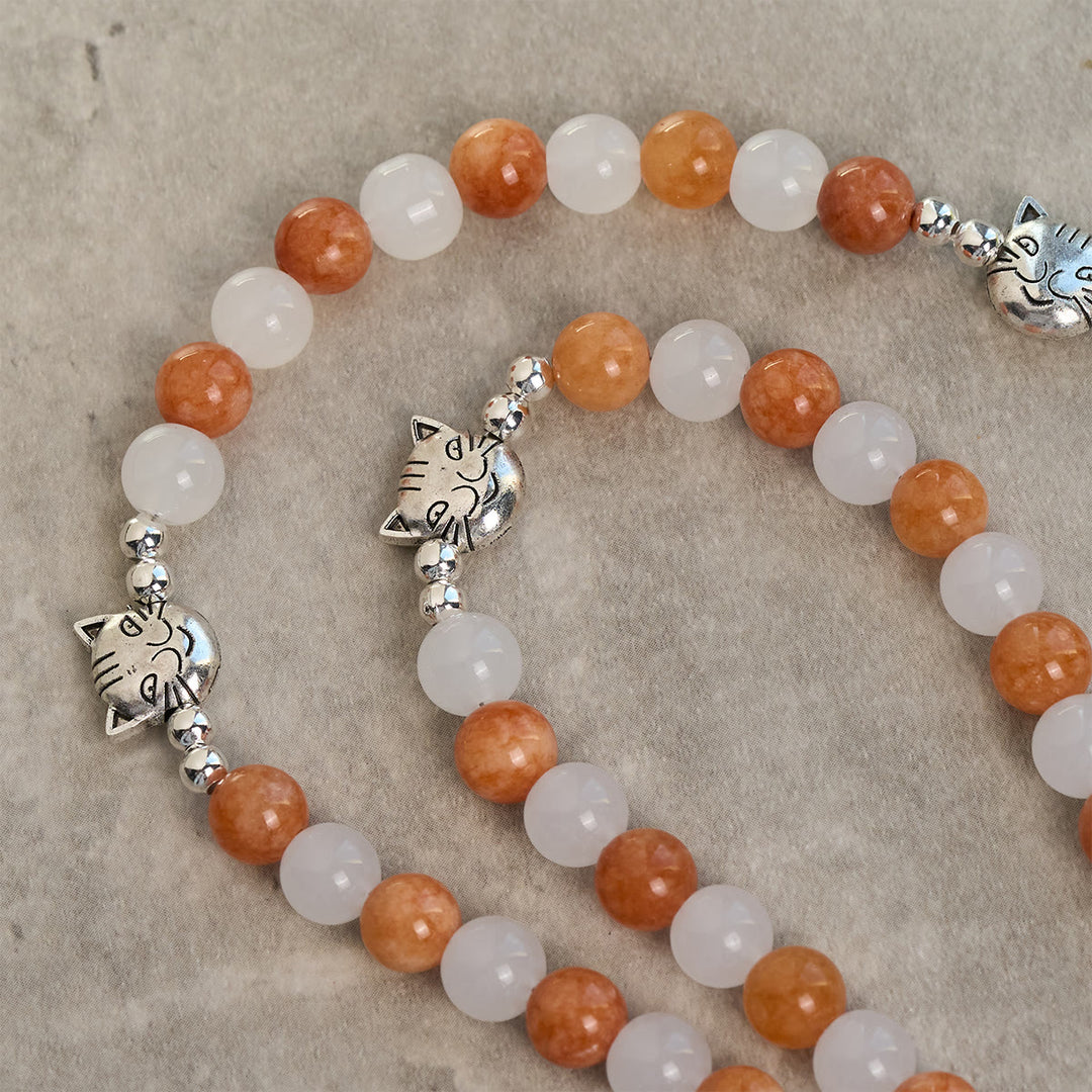 Christianartworkshop Armband mit orangefarbenem und weißem Quarz und Katzengesicht aus Edelstahl mit orangefarbenen Tabby-Anhängern, Tier-Rosenkranz - image 7