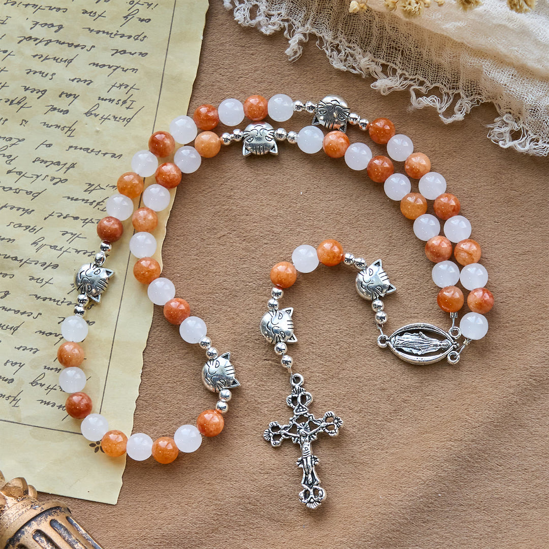 Christianartworkshop Armband mit orangefarbenem und weißem Quarz und Katzengesicht aus Edelstahl mit orangefarbenen Tabby-Anhängern, Tier-Rosenkranz - image 6