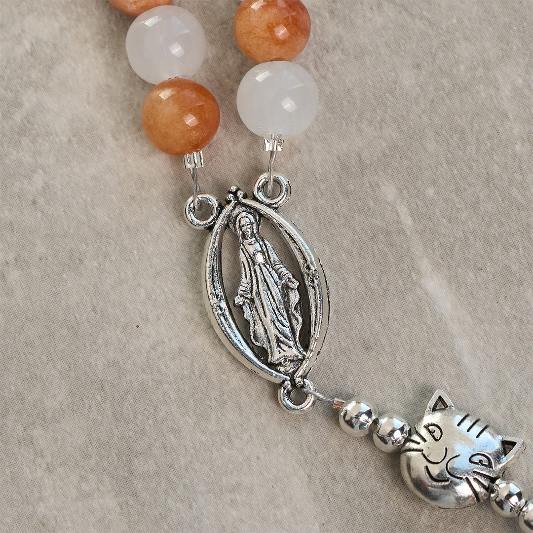 Christianartworkshop Armband mit orangefarbenem und weißem Quarz und Katzengesicht aus Edelstahl mit orangefarbenen Tabby-Anhängern, Tier-Rosenkranz - image 8