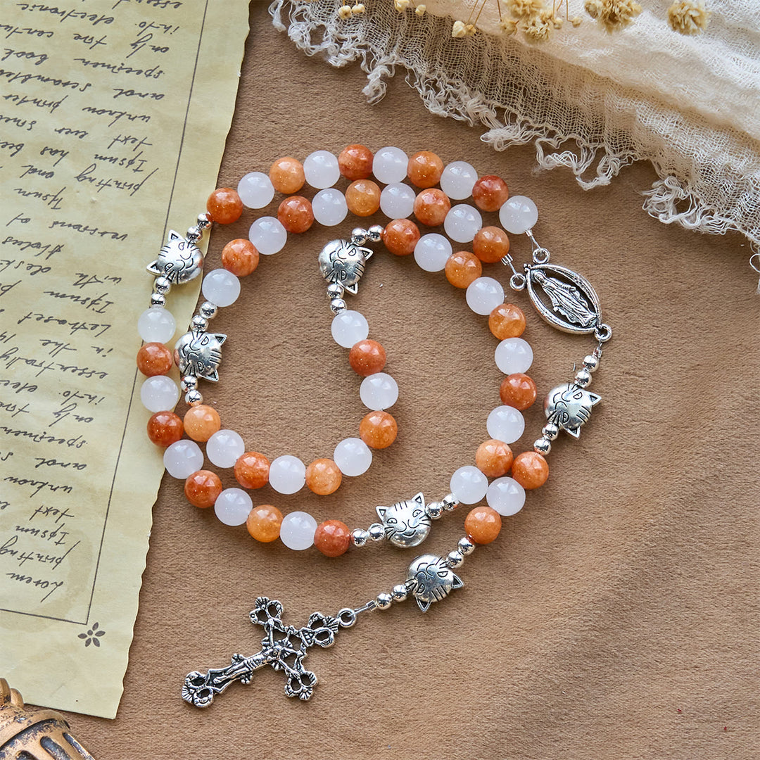 Christianartworkshop Armband mit orangefarbenem und weißem Quarz und Katzengesicht aus Edelstahl mit orangefarbenen Tabby-Anhängern, Tier-Rosenkranz - image 5