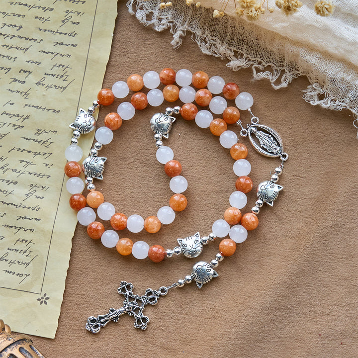 Christianartworkshop Armband mit orangefarbenem und weißem Quarz und Katzengesicht aus Edelstahl mit orangefarbenen Tabby-Anhängern, Tier-Rosenkranz - image 5