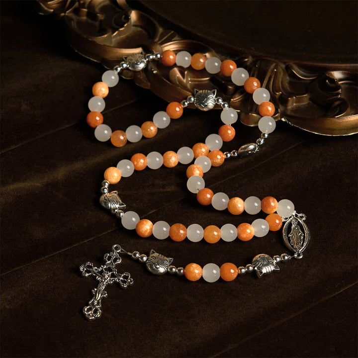 Christianartworkshop Armband mit orangefarbenem und weißem Quarz und Katzengesicht aus Edelstahl mit orangefarbenen Tabby-Anhängern, Tier-Rosenkranz - image 2