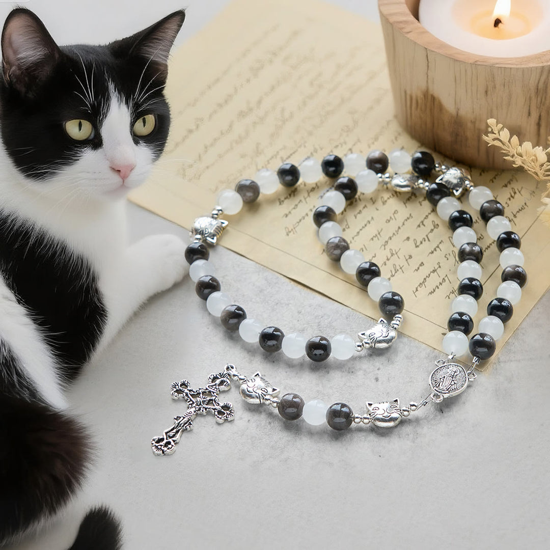 Christianartworkshop Segen Unserer Lieben Frau mit schwarz-weißen Kuh- und Katzenperlen-Armband, Tier-Rosenkranz - Kuhkatze Rosenkranz - image 0