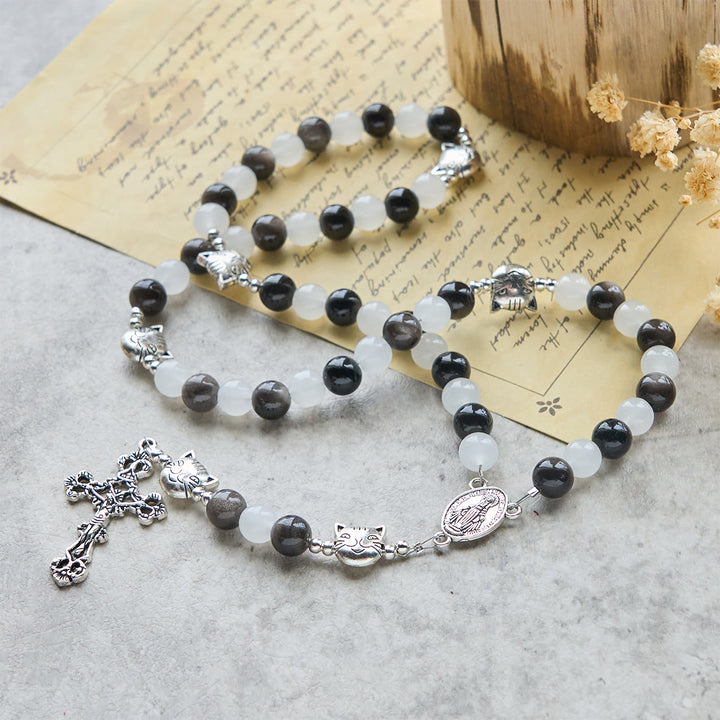 Christianartworkshop Segen Unserer Lieben Frau mit schwarz-weißen Kuh- und Katzenperlen-Armband, Tier-Rosenkranz - image 4