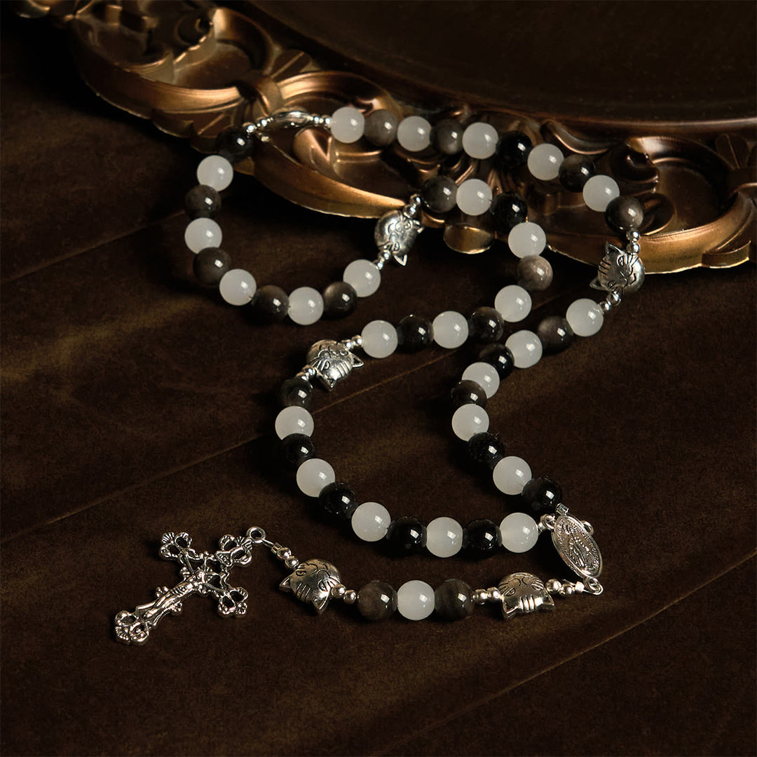 Christianartworkshop Segen Unserer Lieben Frau mit schwarz-weißen Kuh- und Katzenperlen-Armband, Tier-Rosenkranz - image 2