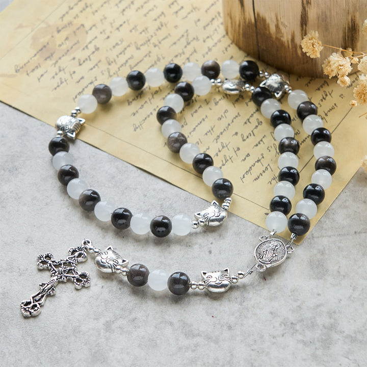 Christianartworkshop Segen Unserer Lieben Frau mit schwarz-weißen Kuh- und Katzenperlen-Armband, Tier-Rosenkranz - image 3