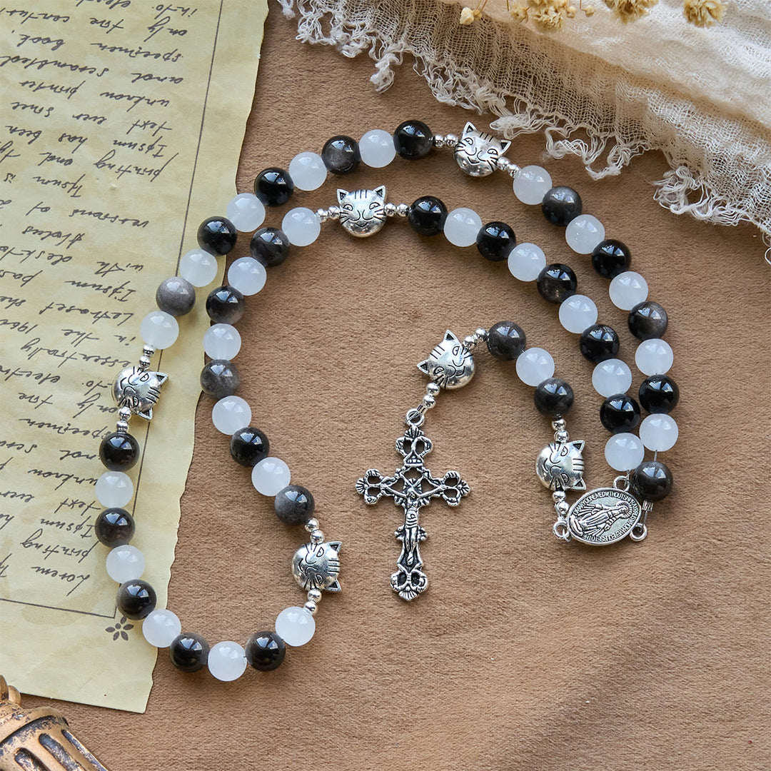 Christianartworkshop Segen Unserer Lieben Frau mit schwarz-weißen Kuh- und Katzenperlen-Armband, Tier-Rosenkranz - image 5