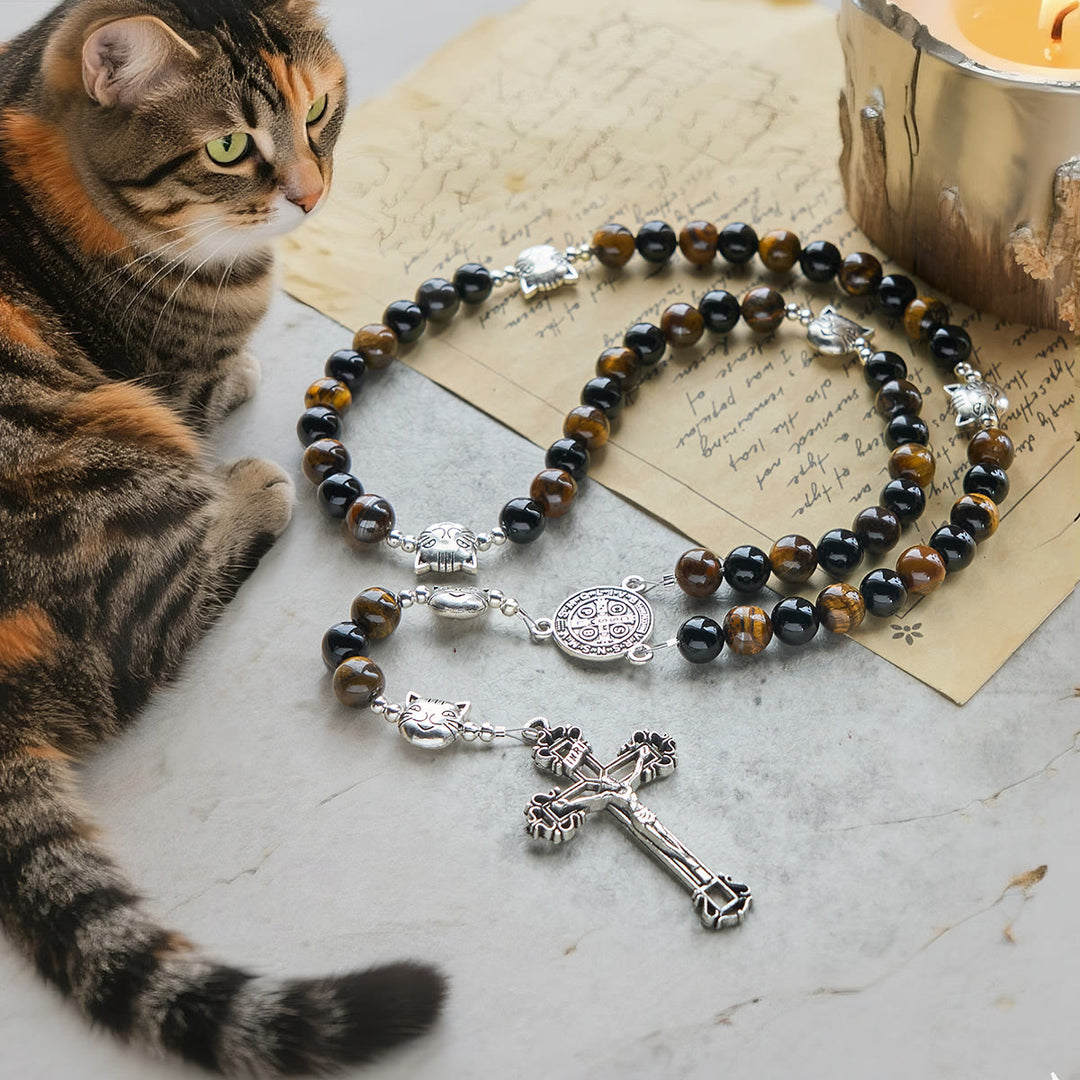 Christianartworkshop Treue getigerte Katze mit braun-schwarzen Perlen für liebevolles Gebetsarmband, Tierrosenkranz - Rosenkranz mit getigerter Katze - image 0