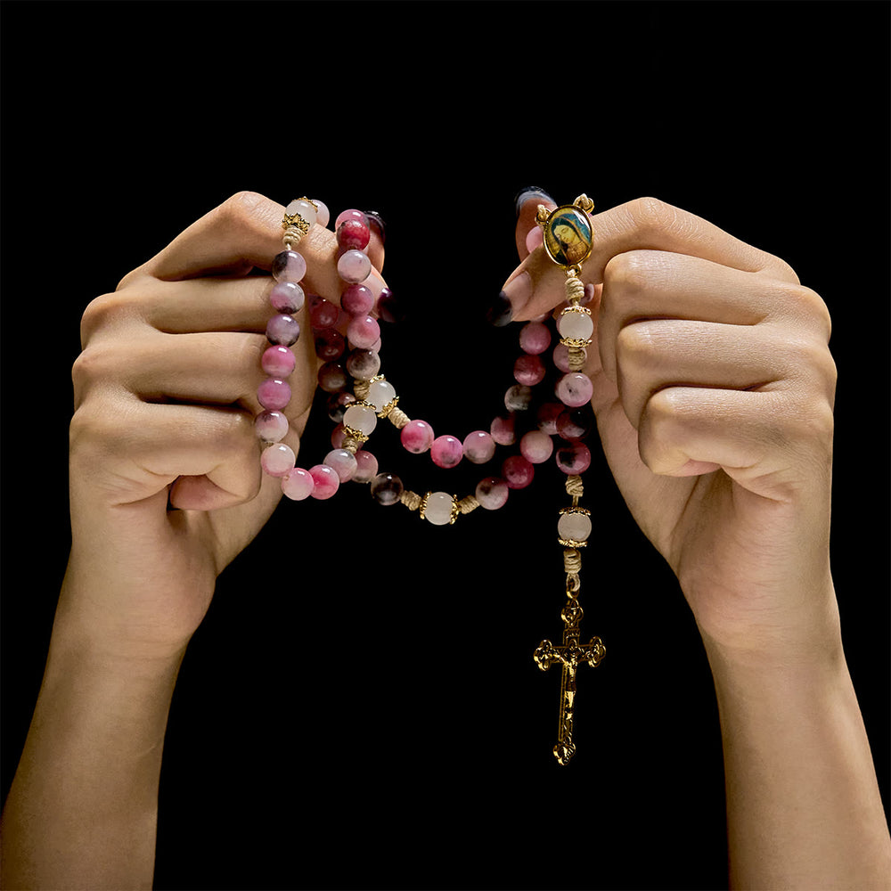 Christianartworkshop Eleganter Rosenkranz aus persischen rosa und schwarzen Jadeperlen mit dem Segen Unserer Lieben Frau - image 1