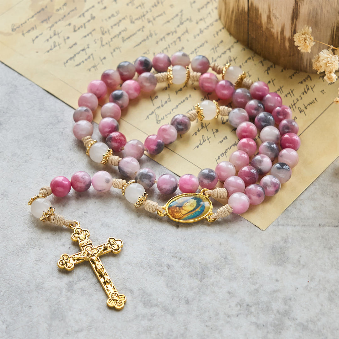 Christianartworkshop Eleganter Rosenkranz aus persischen rosa und schwarzen Jadeperlen mit dem Segen Unserer Lieben Frau - image 5