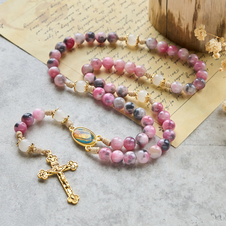 Christianartworkshop Eleganter Rosenkranz aus persischen rosa und schwarzen Jadeperlen mit dem Segen Unserer Lieben Frau - image 4